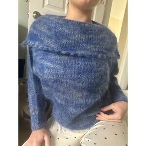 Vintage Mohair Wool Sweater blue collared Bohemian fuzzy warm bat wing sleeve